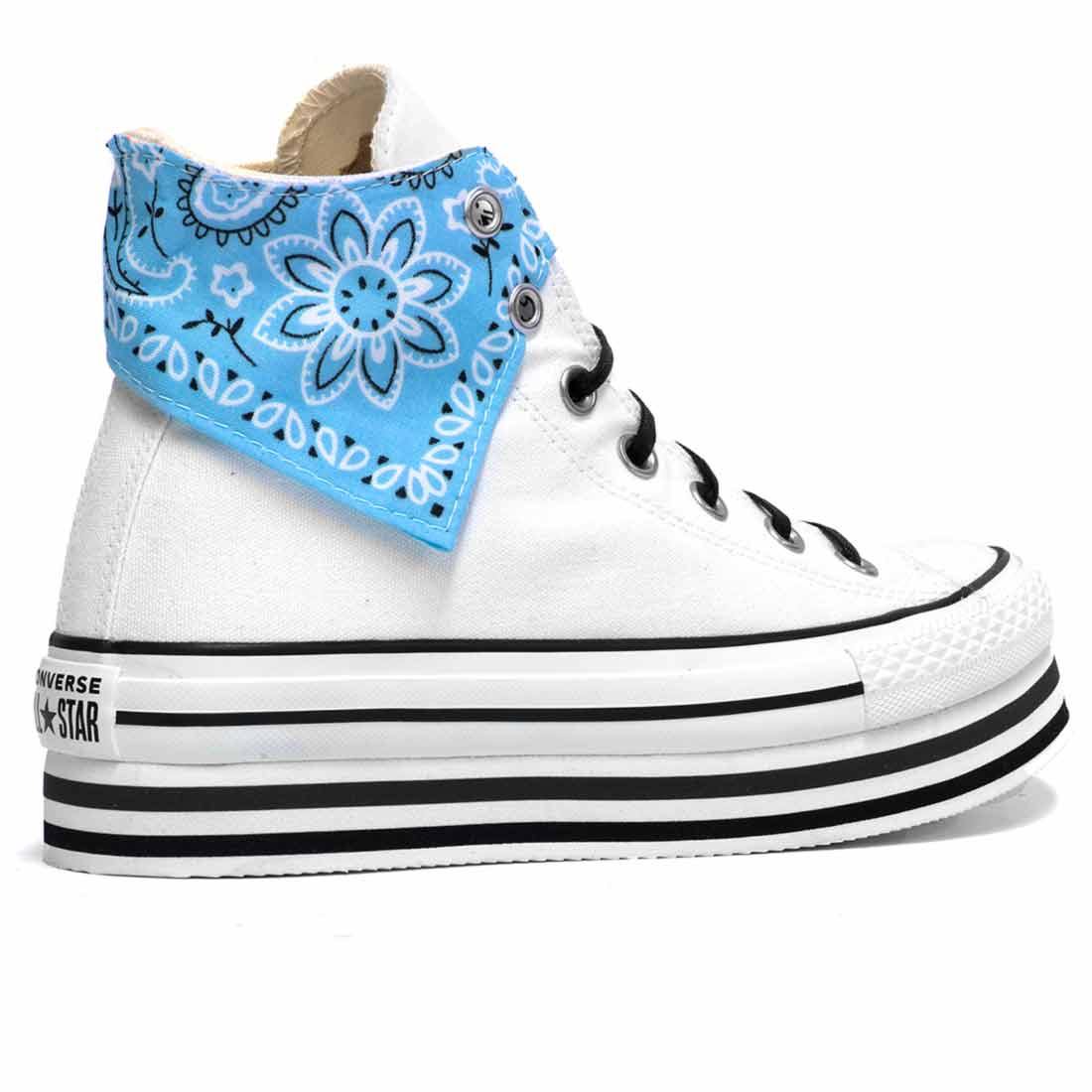 sneakers converse all star alte con suola platform layer bianche personalizzate con bandana azzurro pastello
