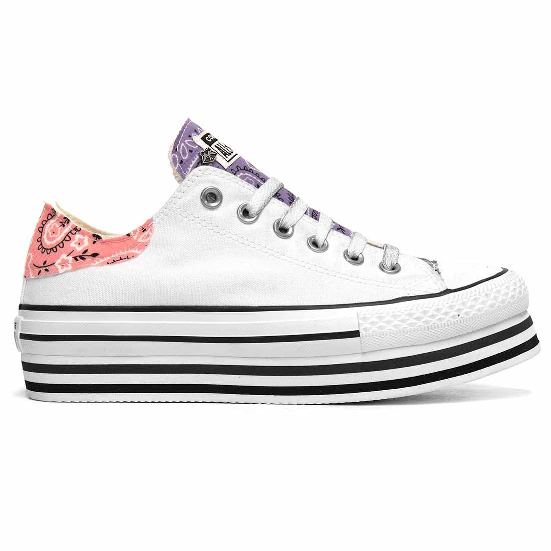 sneakers converse all star con bandana viola e rosa con suola alta layer colore bianche 