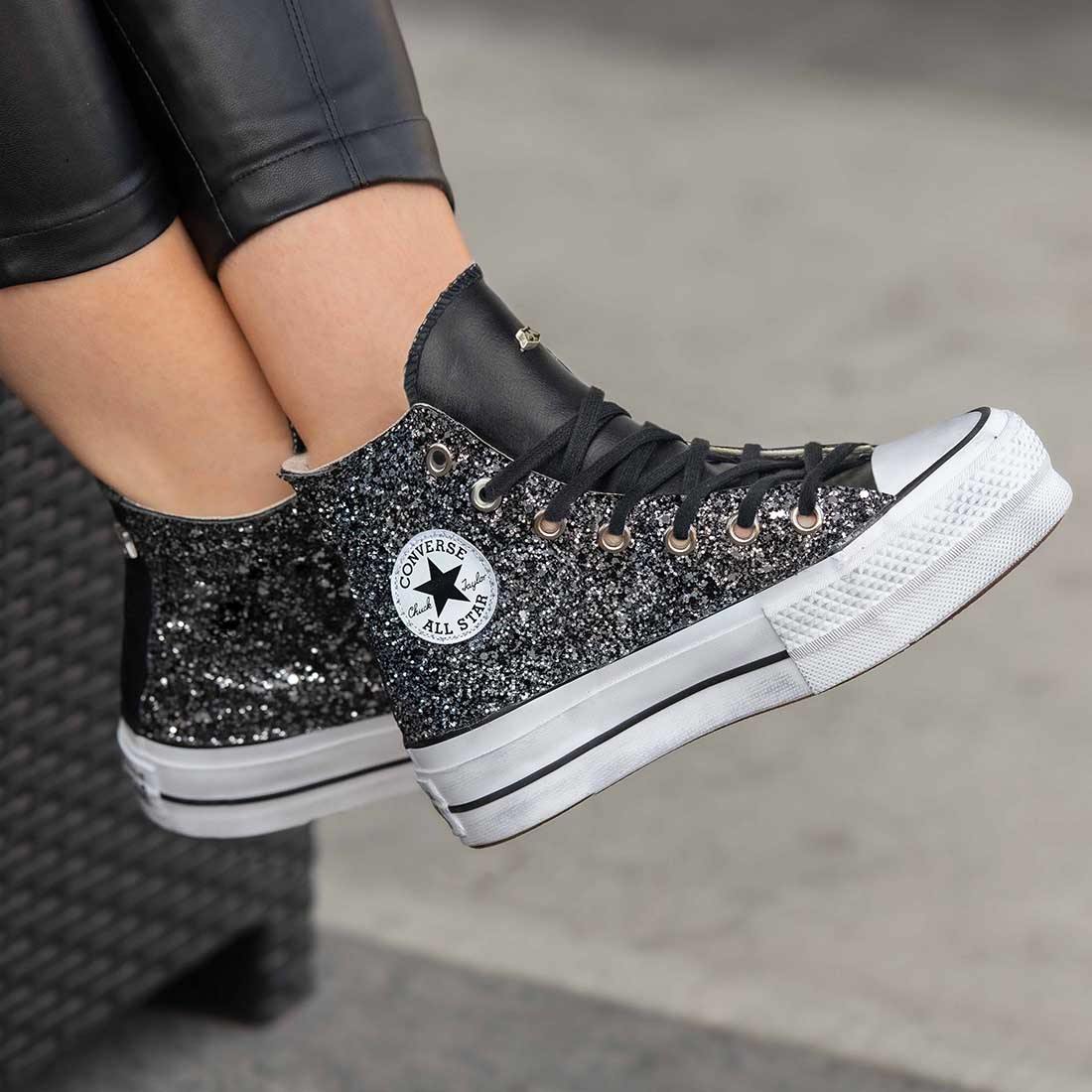 Converse All Star Platform in Pelle Alte Nere con Glitter